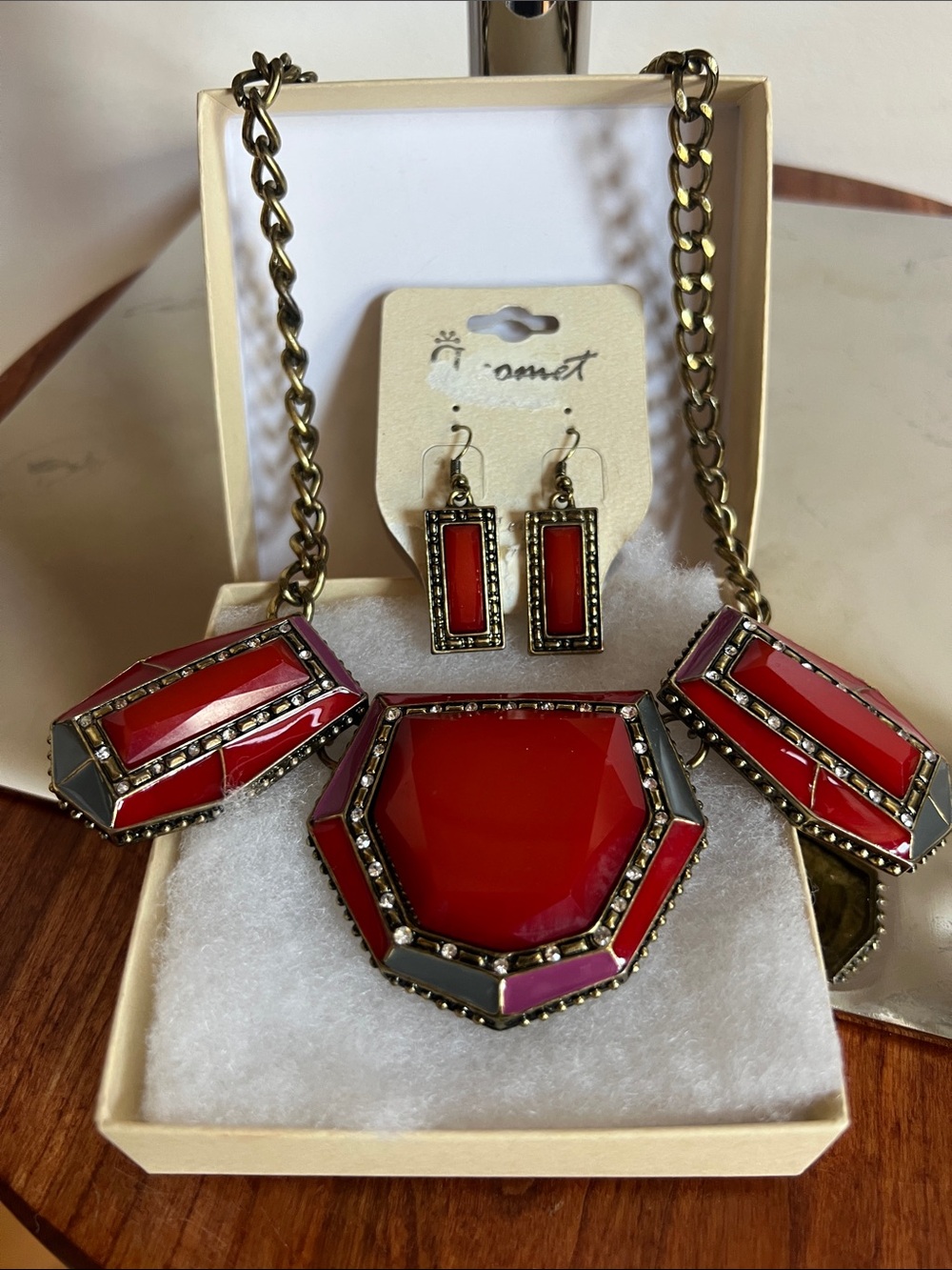 Bold Red Geometric Statement Necklace & Earring Set by